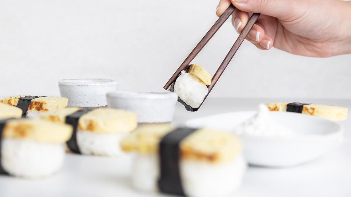 Sushi dish made with the ingredient Bioalbumen®, an egg-white protein (ovalbumin) (Onego Bio)